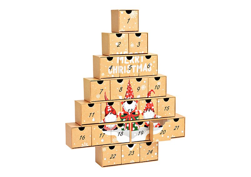 Advent calendar Christmas tree with gnomes 24 boxes 6x6x6cm made of paper/cardboard brown (W/H/D) 38x48x6cm