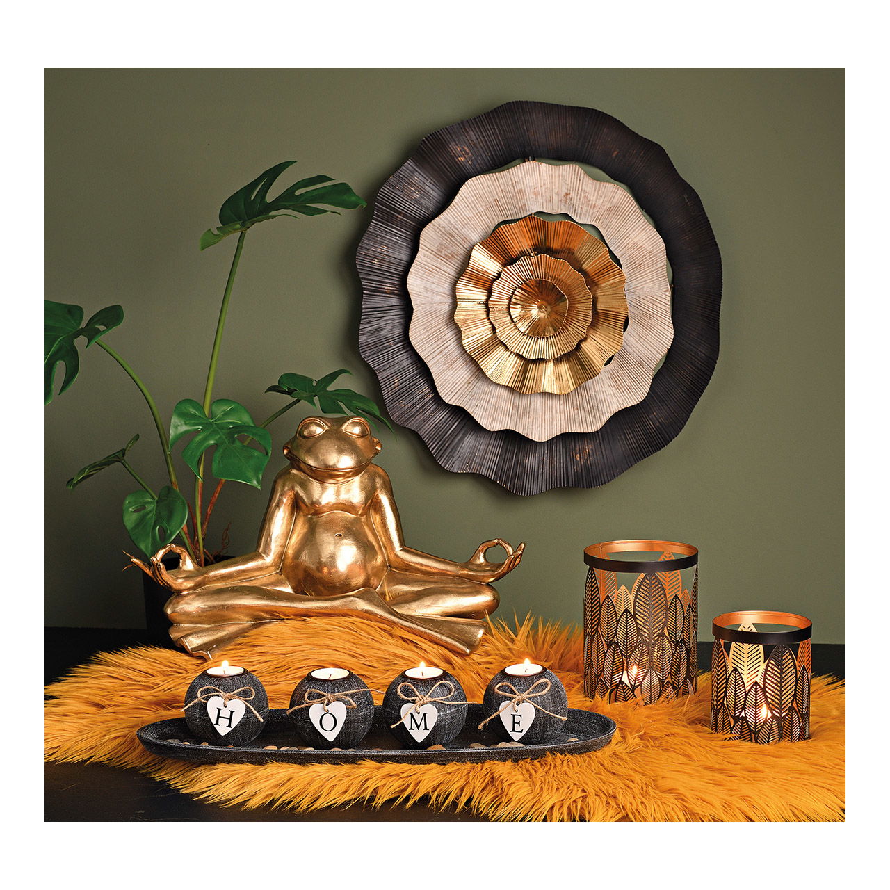 Tea light holder 4 on tray with stones HOME, made of MDF black (W/H/D) 50x10x18cm Tea light holder 4 on tray with stones HOME, made of MDF black (W/H/D) 50x10x18cm