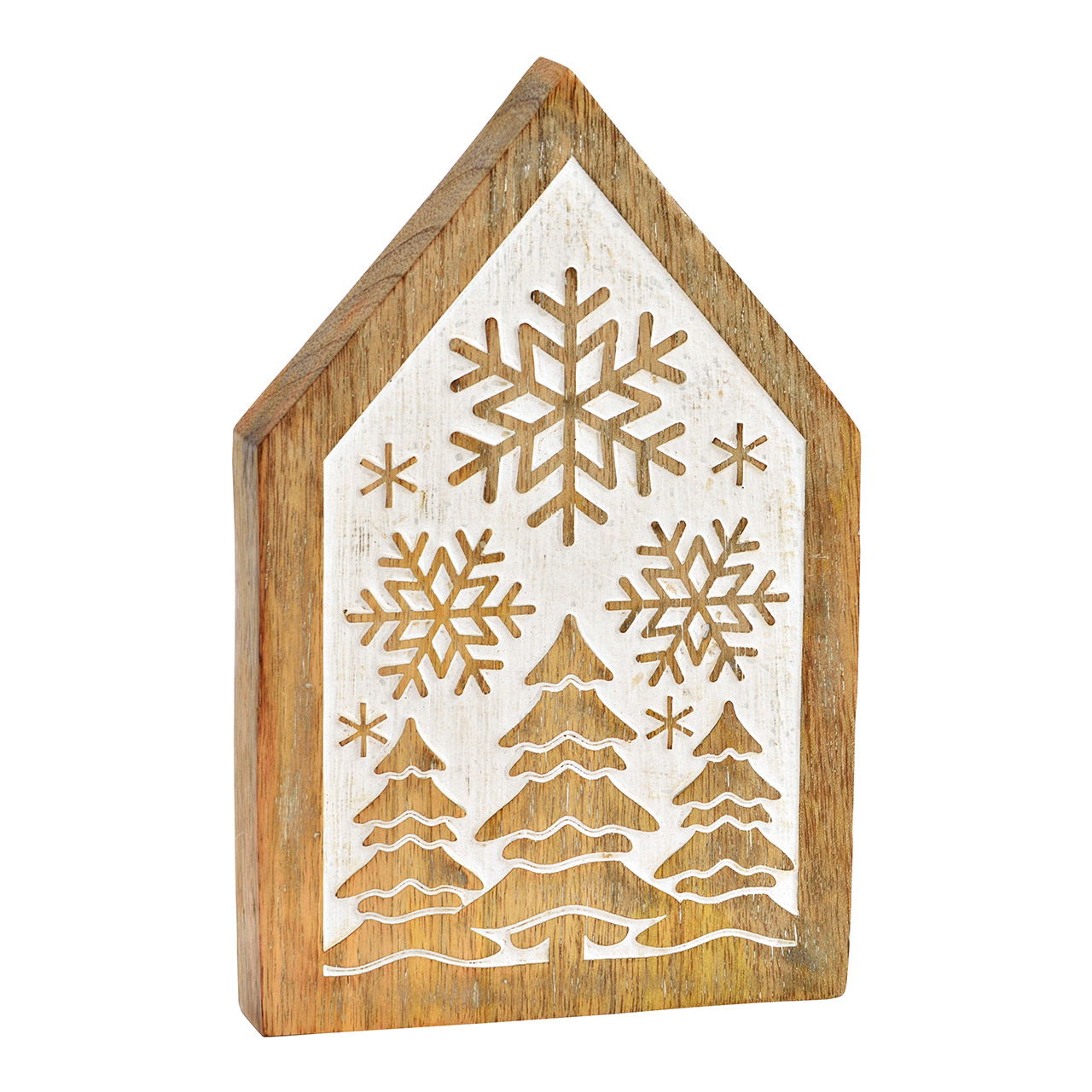 Aufsteller Haus, Schneeflocke Dekor aus Mangoholz natur, weiß (B/H/T) 13x20x2cm