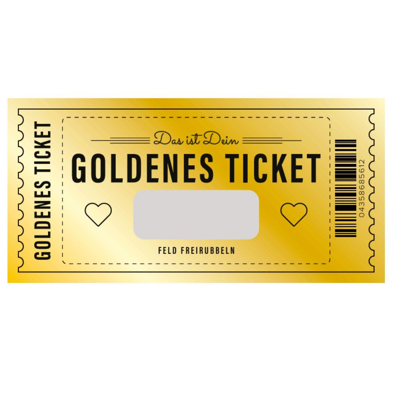 Billete dorado, 19 x 9 cm, incluye adhesivo para rascar y sobre, 24 unidades en un expositor gold, ticket, golden ticket, herz, barcode