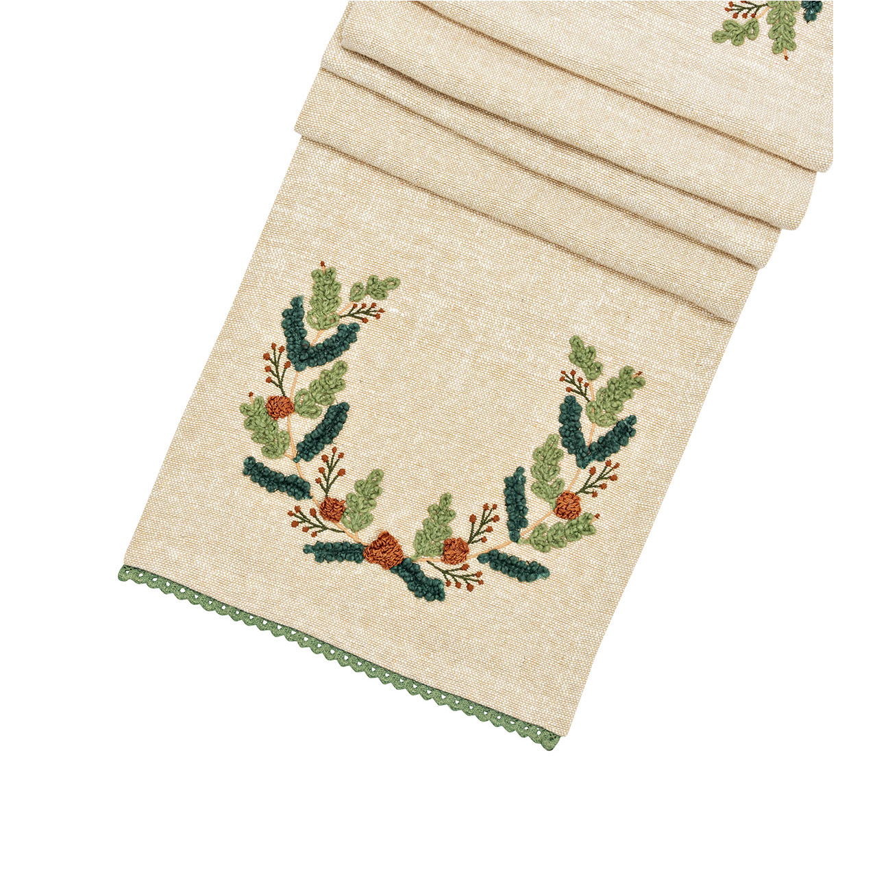 Runner da tavola con ricamo di ghirlande di lino, beige (L/H) 35x18cm