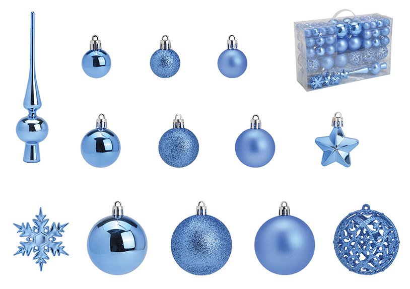 Set de boules de Noël en plastique Bleu roi 111 pièces, (L/H/P) 23x35x12cm Ø 3/4/6 cm