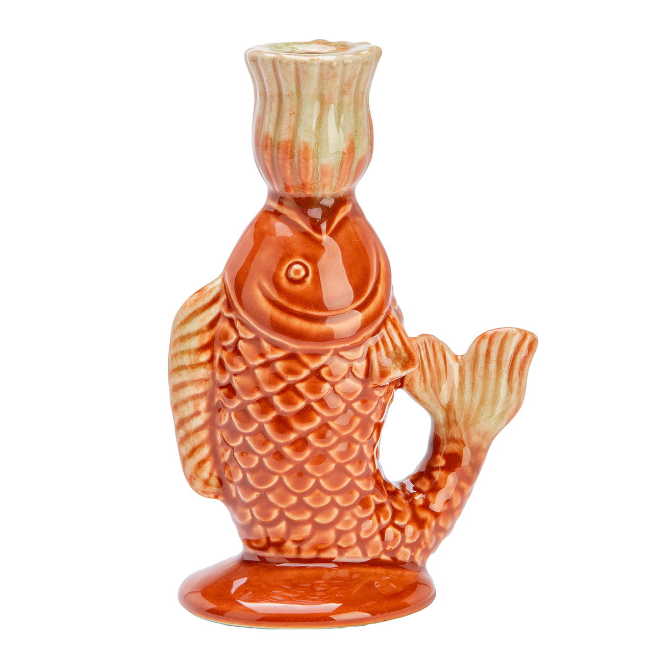 Karpfen-Teelicht, Kerzenhalter, Kerzenhalterfigur, Kerzenbehälter, orange-weißer Fisch