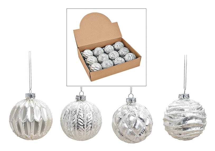 Kerstbal glitter van glas wit, zilver 4-voudig, (w/h/d) 8x8x8cm