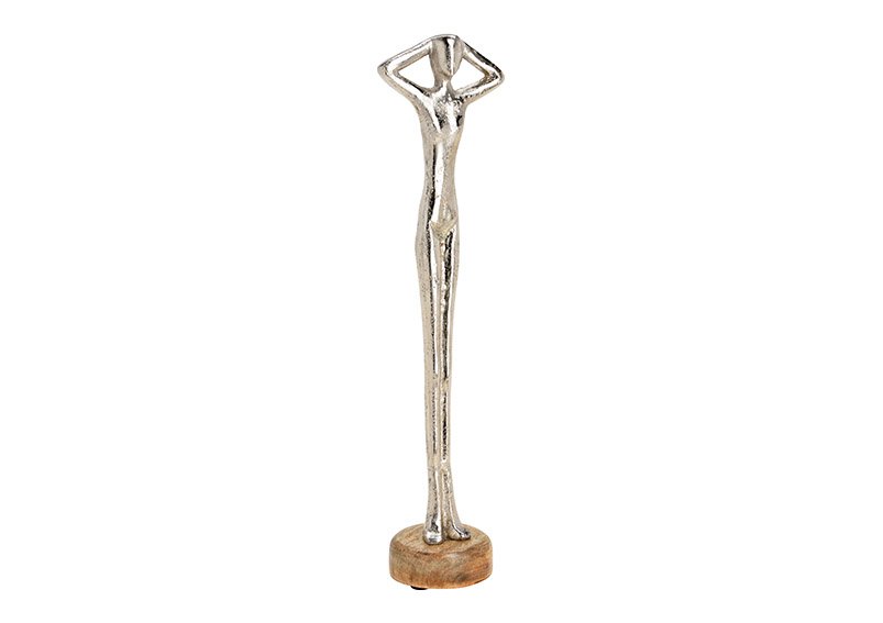 Figura in piedi su base in legno di mango di metallo argento (c/h/d) 9x37x7cm