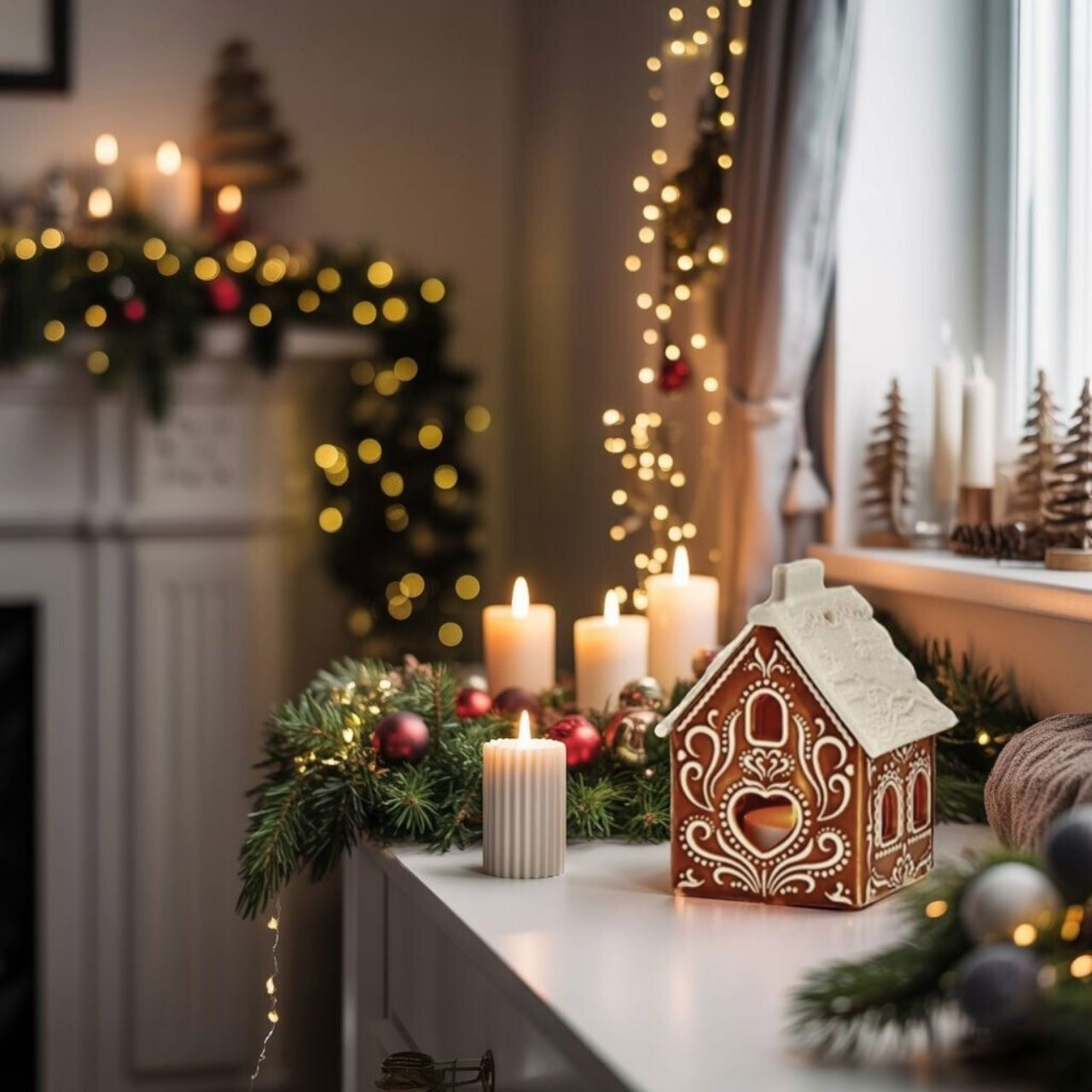 LED tea light house gingerbread made of porcelain, 2-fold, brown/white (W/H/D) 8x9x6cm