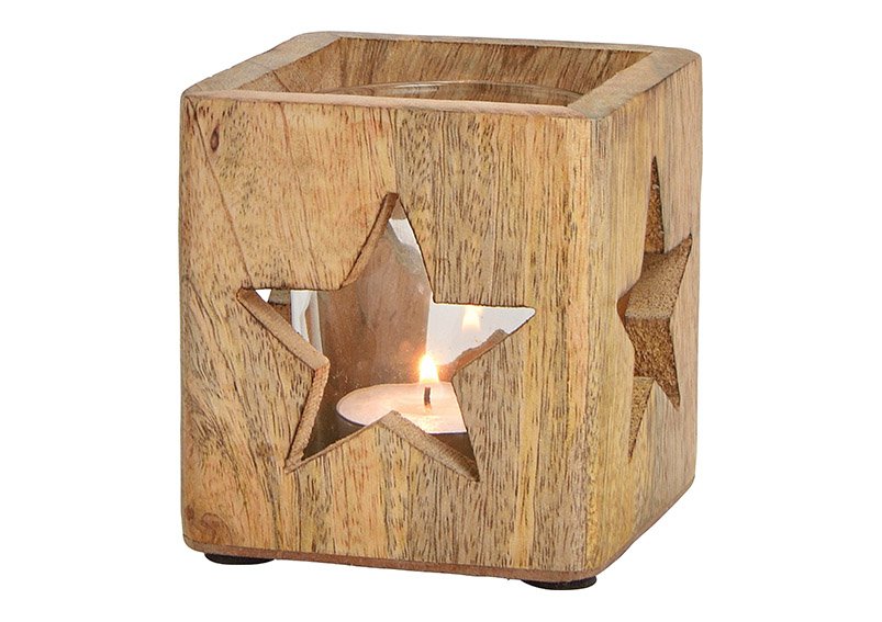 Photophore Décor étoile en bois de manguier, verre brun (L/H/P) 9x9x9cm
