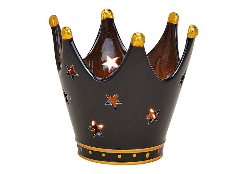 Lanterna a corona in ceramica nera, oro (c/h/d) 14x13x14cm