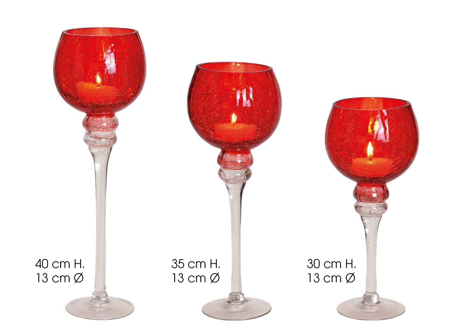 Set lanterna calice Cracking rosso, 30, 35, 40cm x Ø13cm, in vetro, set di 3