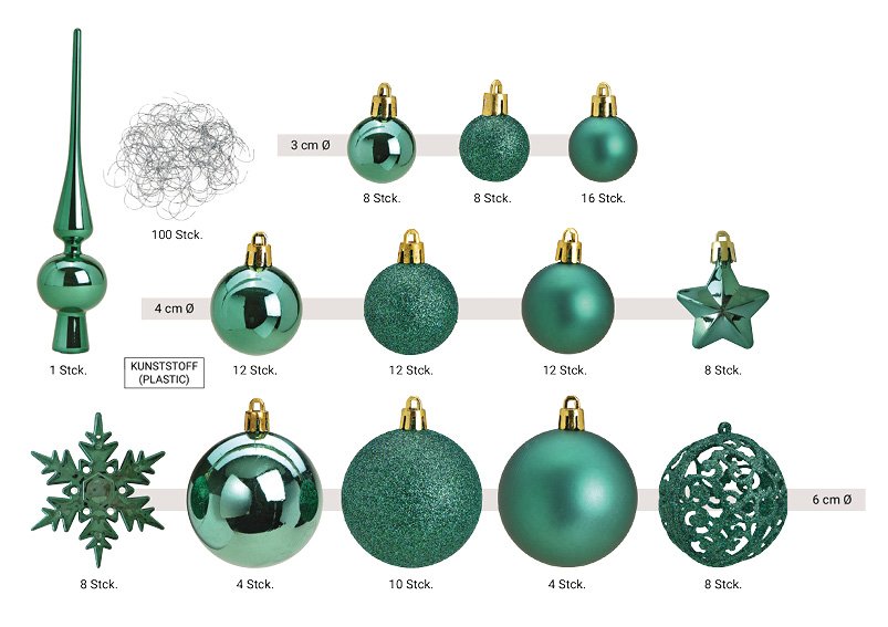 Weihnachtskugeln aus Kunststoff, 111er-Set, Grün Ø3/4/6cm (B/H/T) 36x23x12cm