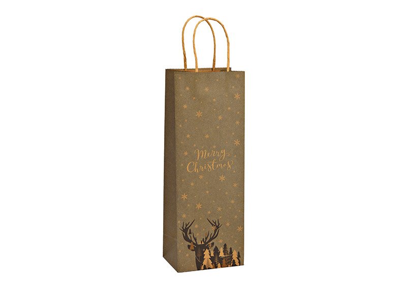 Bottle bag, deer, Merry Christmas,made of paper / cardboard brown (W/H/D) 12x35x9cm