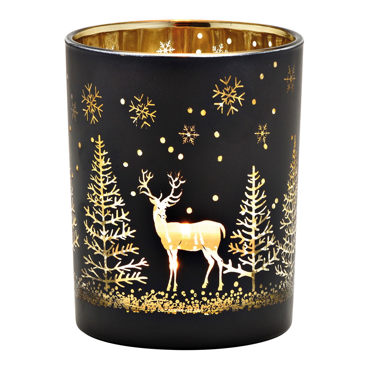 Windlicht Winterwald Dekor aus Glas Schwarz, gold (B/H/T) 10x12x10cm