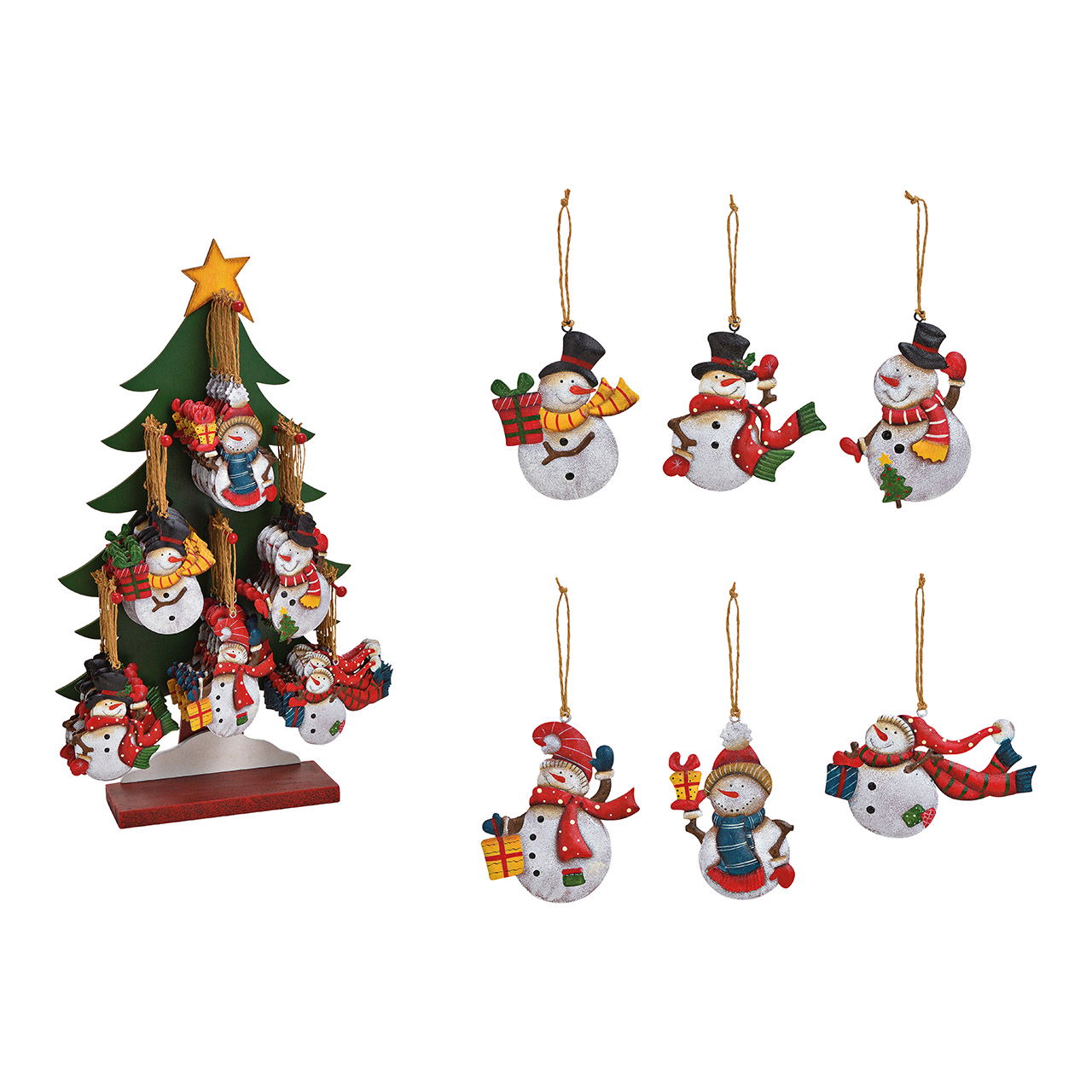 Weihnachtshänger Schneemann auf Baumständer (B/H/T) 30x53x13cm aus Metall, 6-fach, Bunt (B/H/T) 8x10x0.5cm Weihnachtshänger Schneemann auf Baumständer (B/H/T) 30x53x13cm aus Metall, 6-fach, Bunt (B/H/T) 8x10x0.5cm