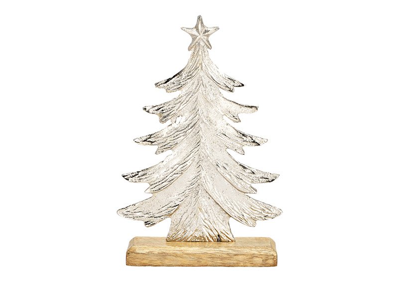 Stand fir tree on mango wood base of metal silver (W/H/D) 14x21x5cm