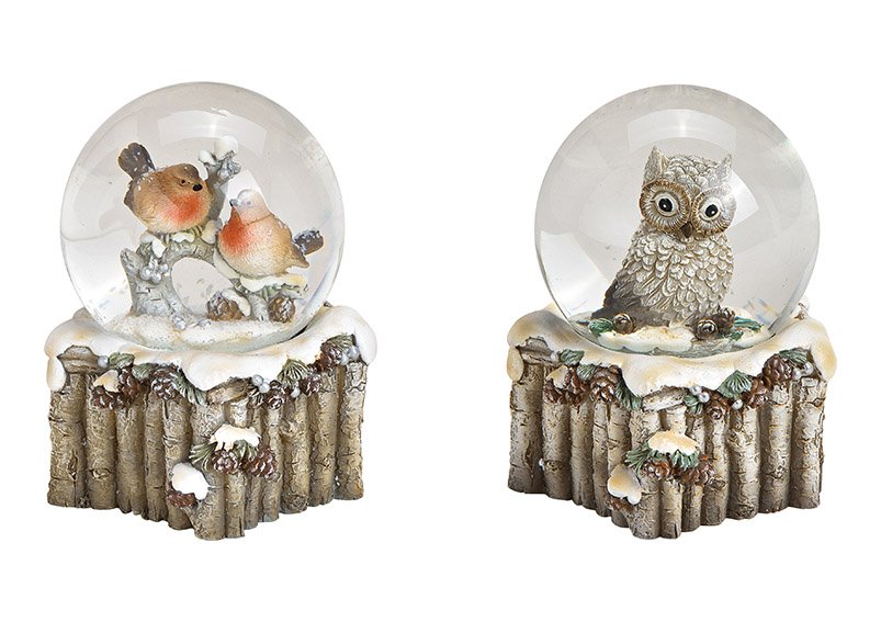 Globo di neve uccello, gufo decorazione in poli, vetro grigio 2 volte, (w/h/d) 8x9x8cm