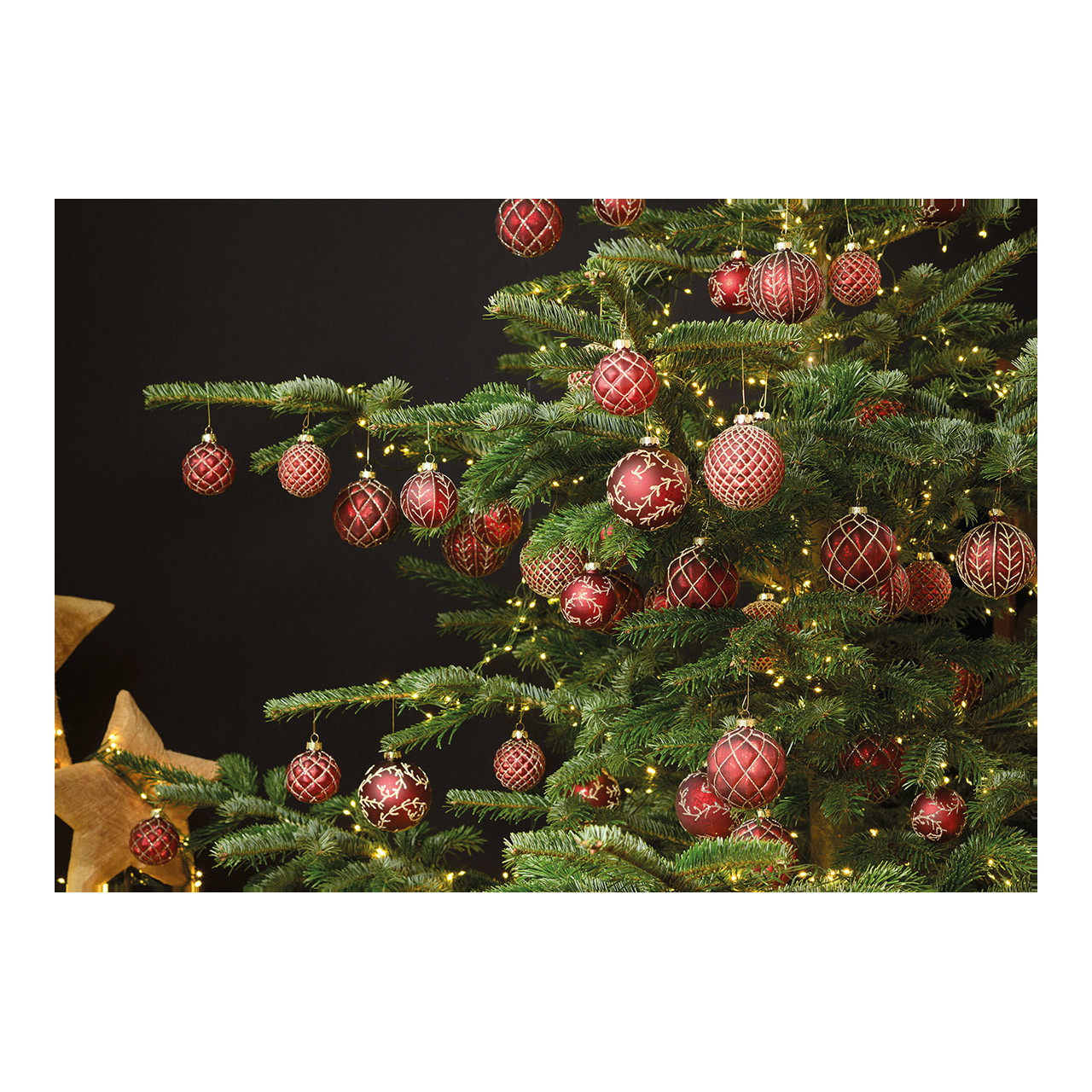 Weihnachtskugeln, Christbaumschmuck, rot, goldene Muster, Glasornamente