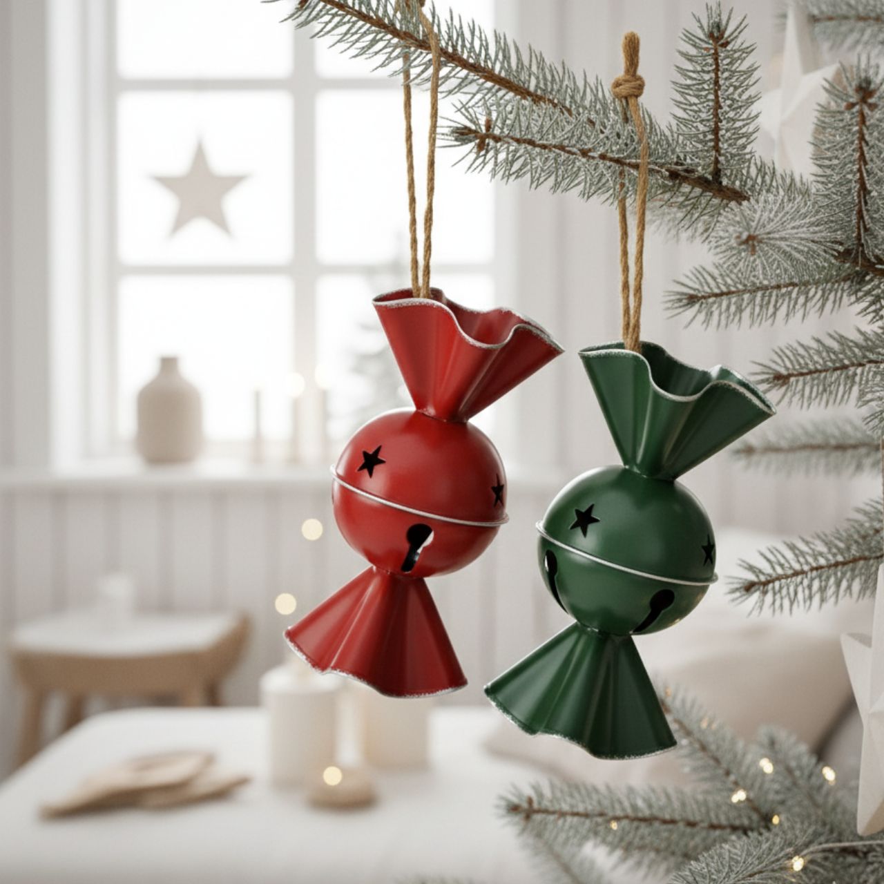 Suspension de Noël Bonbon Cloche en métal, 2 fois, rouge/vert (L/H/P) 8x16x8cm Rauchrohr, Zubehör, Kunst, Kunsthandwerk