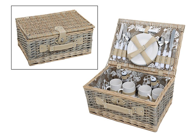 Picknickmand voor 4 personen gemaakt van wilgentenen, 24 stuks, B40 x D28 x H19 cm