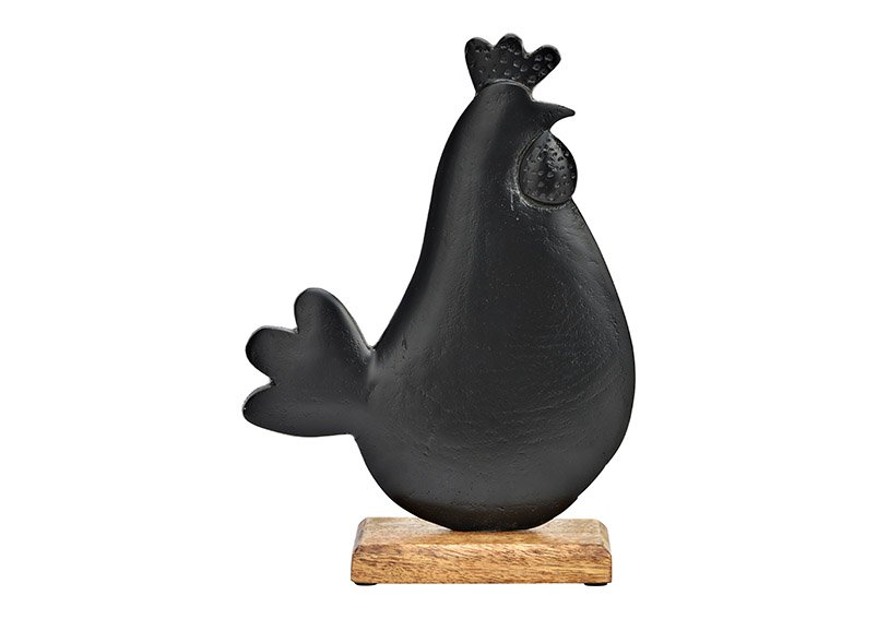Huhn auf Mangoholz Sockel aus Metall schwarz (B/H/T) 23x31x7cm