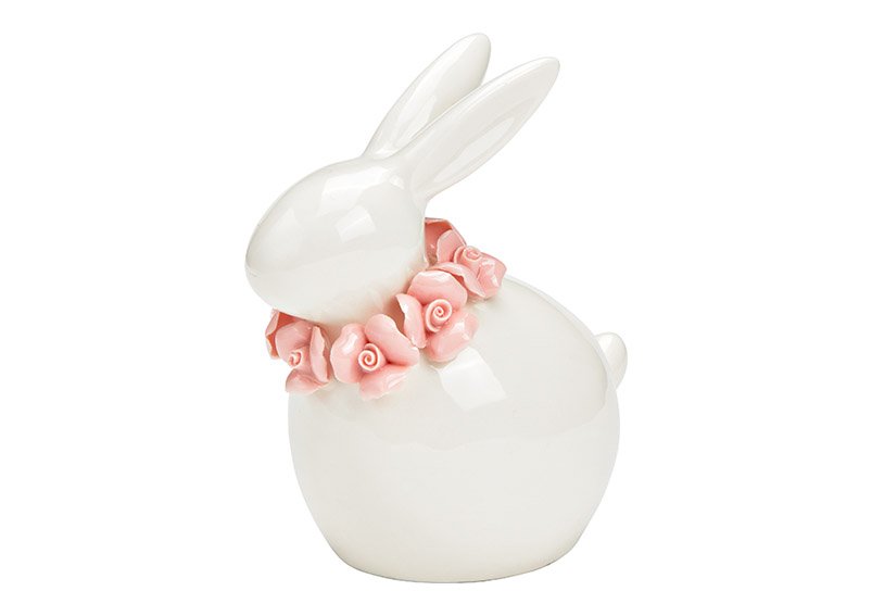 Coniglietto con corona di fiori in ceramica bianca (L/H/D) 10x12x7cm