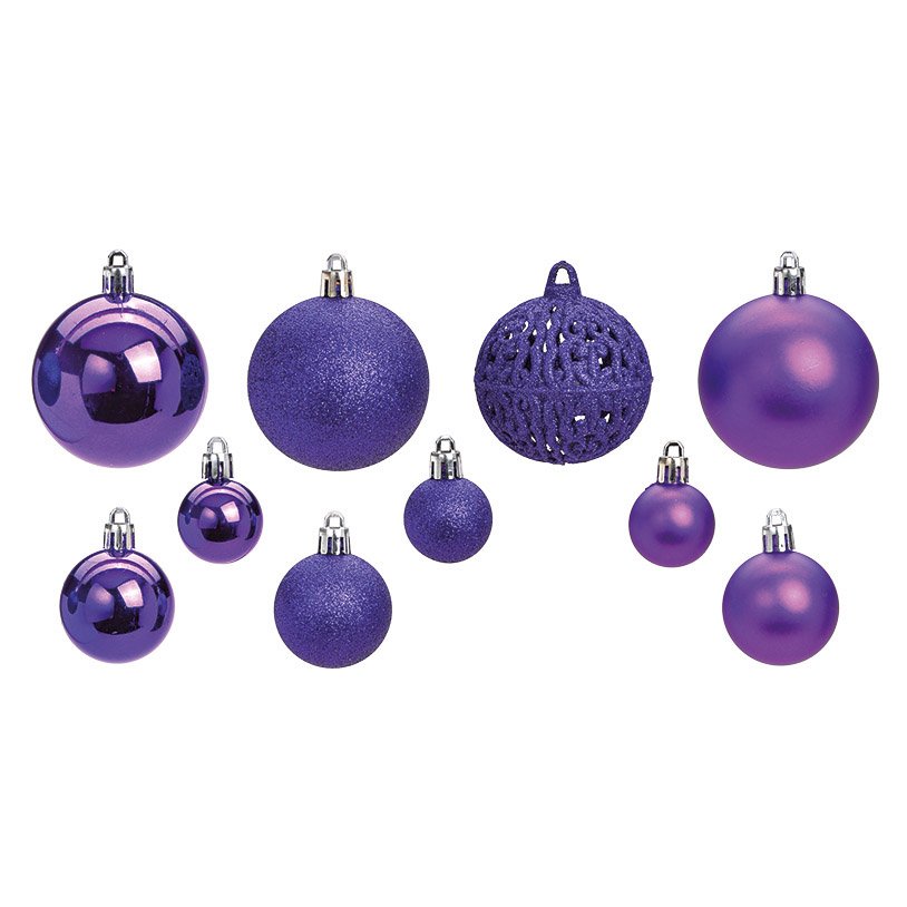 Juego de bolas de Navidad de plástico, juego de 50, púrpura (c/h/d) 23x18x12cm Ø3/4/6cm