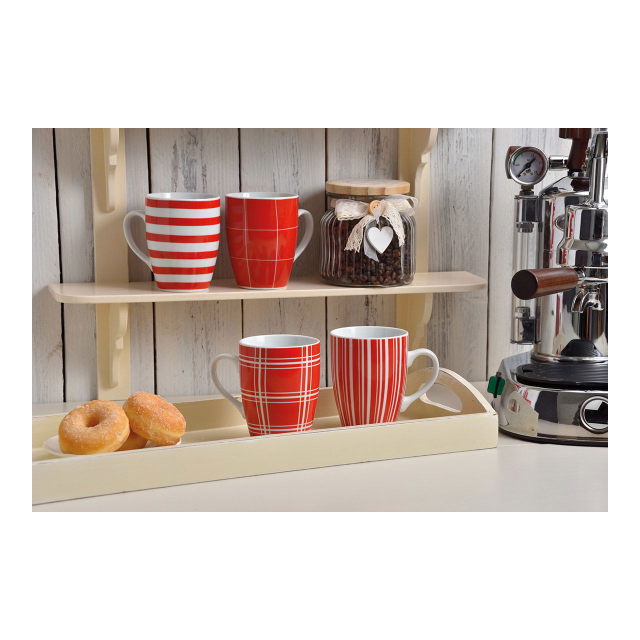 Becher Streife rot-weiß, 4-fach sortiert aus Porzellan, 10 cm 250ml Pokal, Regal