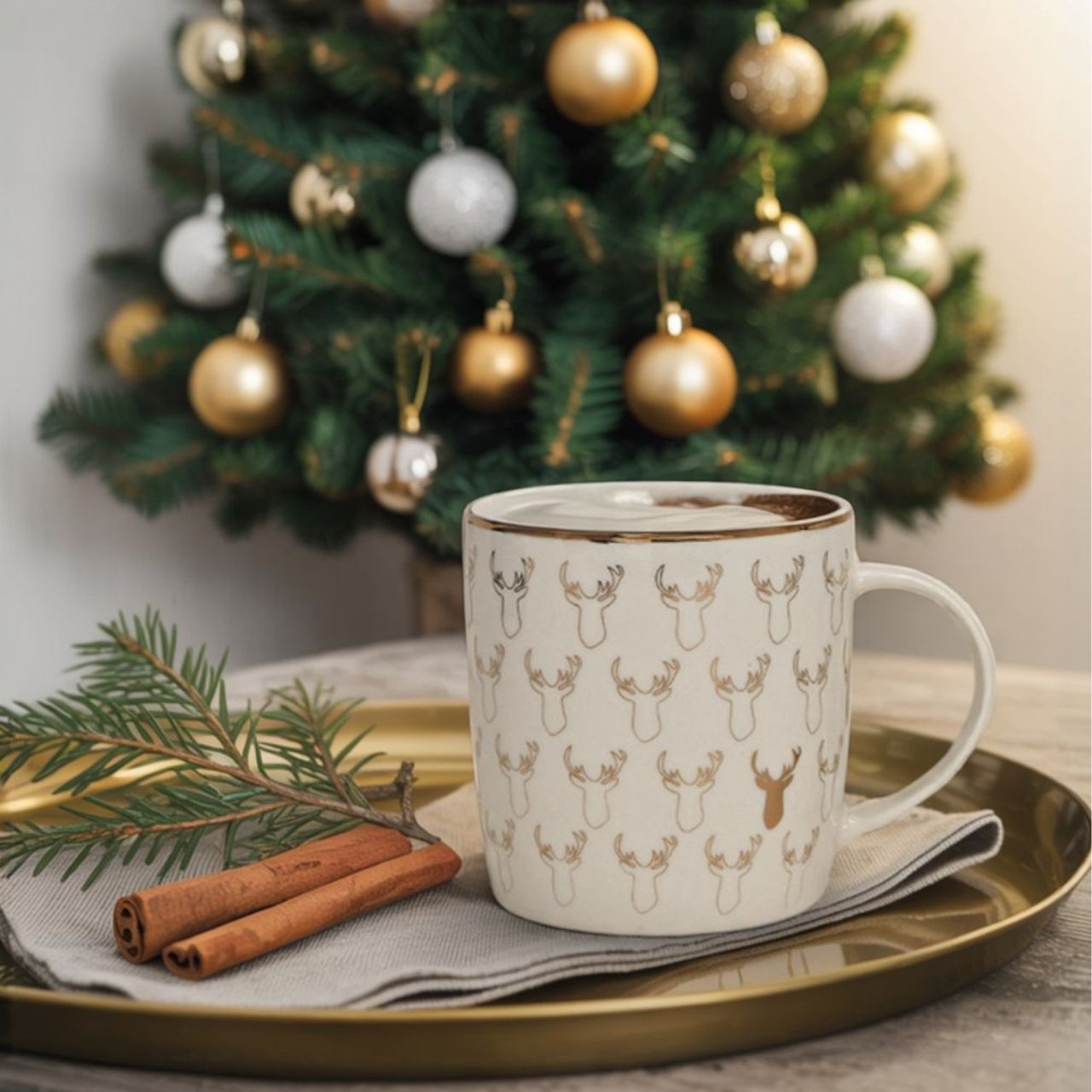 Mug deer decor made of porcelain white, gold 2-fold, (W/H/D) 12x9x9cm 340ml Pokal, Kunst, Porzellan, Töpferei, Pokal, Kunst, Porzellan, Töpferei