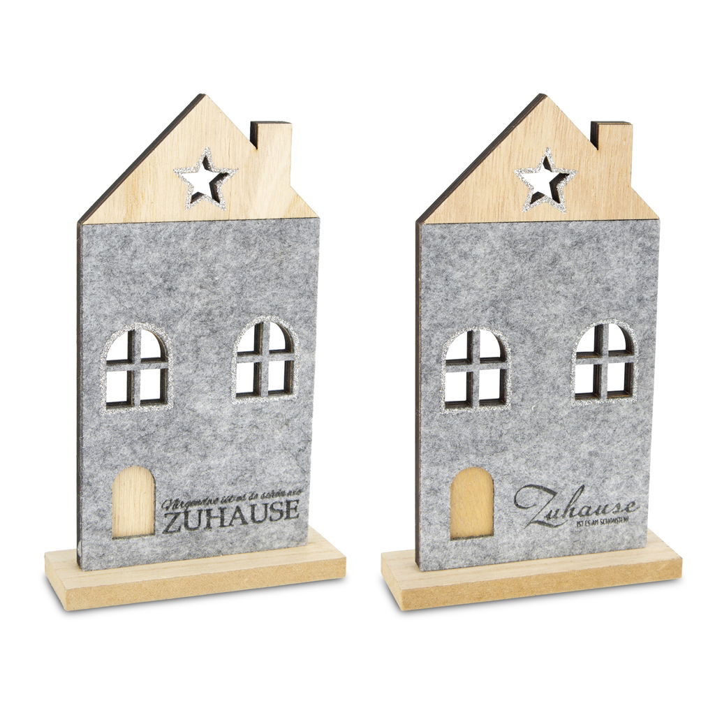 Maison déco feutre/contreplaqué 2 motifs assortis, feutre, 12x4x20cm, 1 pce, gris Maison déco feutre/contreplaqué 2 motifs assortis, feutre, 12x4x20cm, 1 pce, gris