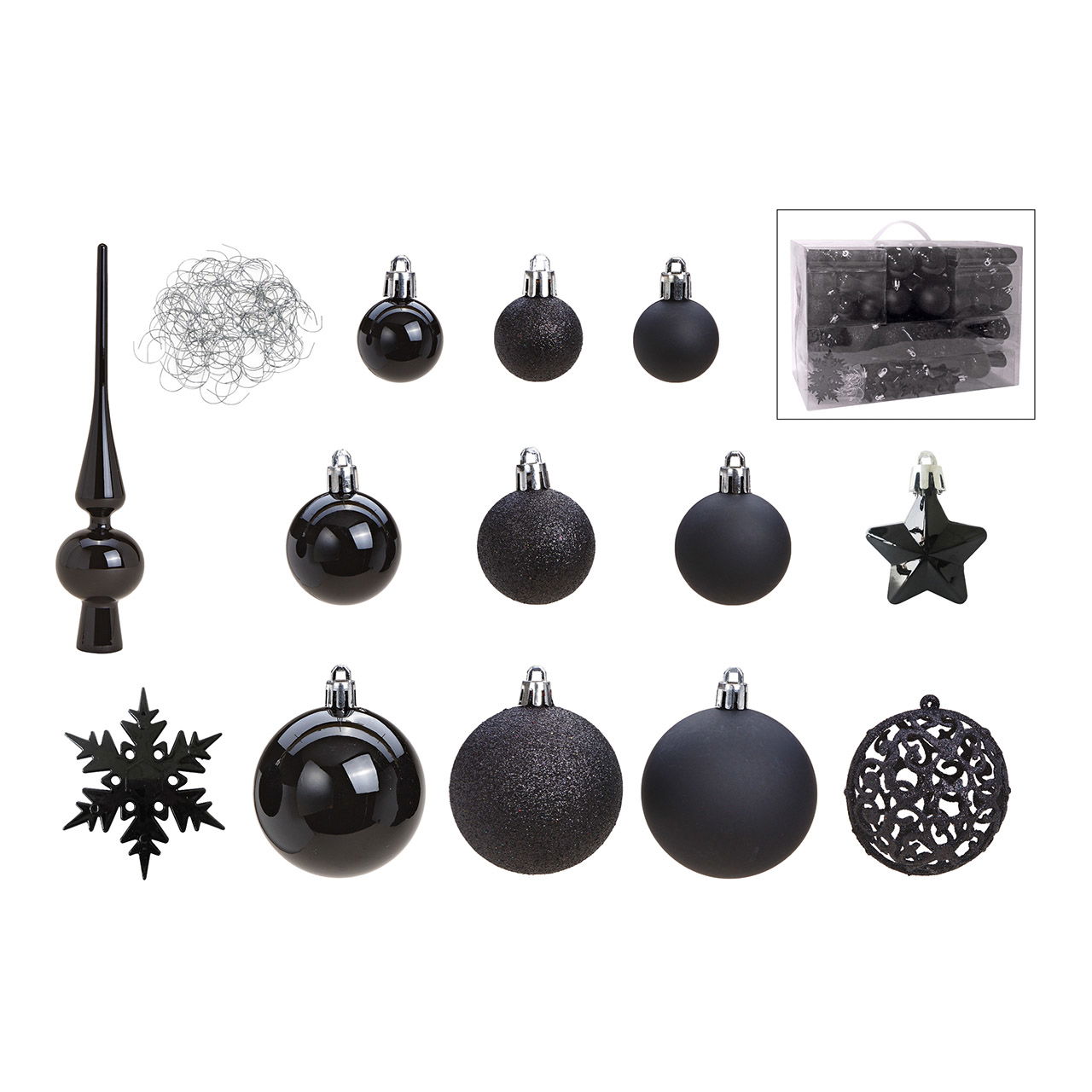 Set di gingilli di Natale in plastica Nero Set di 111, (L/H/D) 36x23x12cm Ø 3/4/6 cm