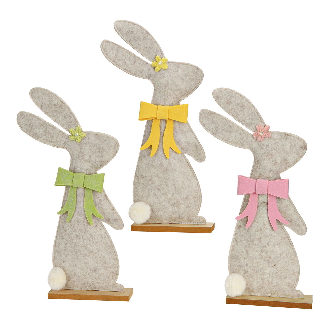 Hase mit Schleife aus Filz/Holz, 3-fach, Gelb/Rosa/Grün (B/H/T) 22x43x5cm