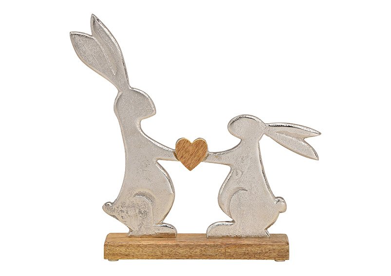 Zilver metalen konijn op mango houten voet (w/h/d) 29x29x5cm