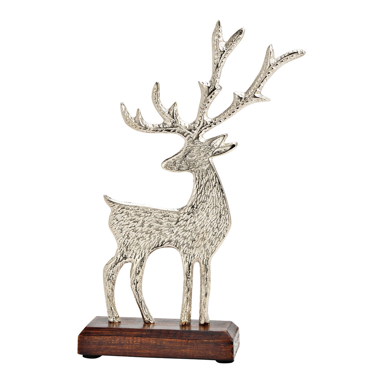 Stand deer on mango wood base of metal silver (W/H/D) 17x28x5cm