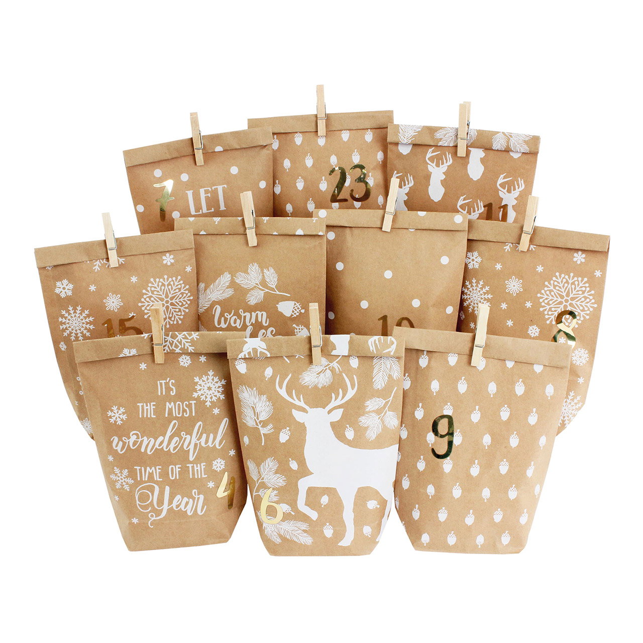 Adventskalender van papier/karton, 24 bedrukte zakjes met houten clips, bruin/wit, 72 stuks (B/H/D) 24x21x2cm Adventskalender van papier/karton, 24 bedrukte zakjes met houten clips, bruin/wit, 72 stuks (B/H/D) 24x21x2cm