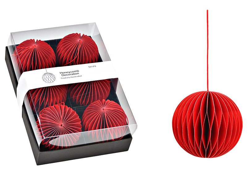 Hanger Honeycomb balls set of 6, made of paper/cardboard red (W/H/D) 24x8x16cm Ø8cm