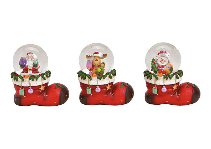 Schneekugel Nikolaus, Schneemann, Elch mit Weihnachtsmütze auf Stiefelsockel aus Poly, Glas Bunt 3-fach, (B/H/T) 10x11x7cm