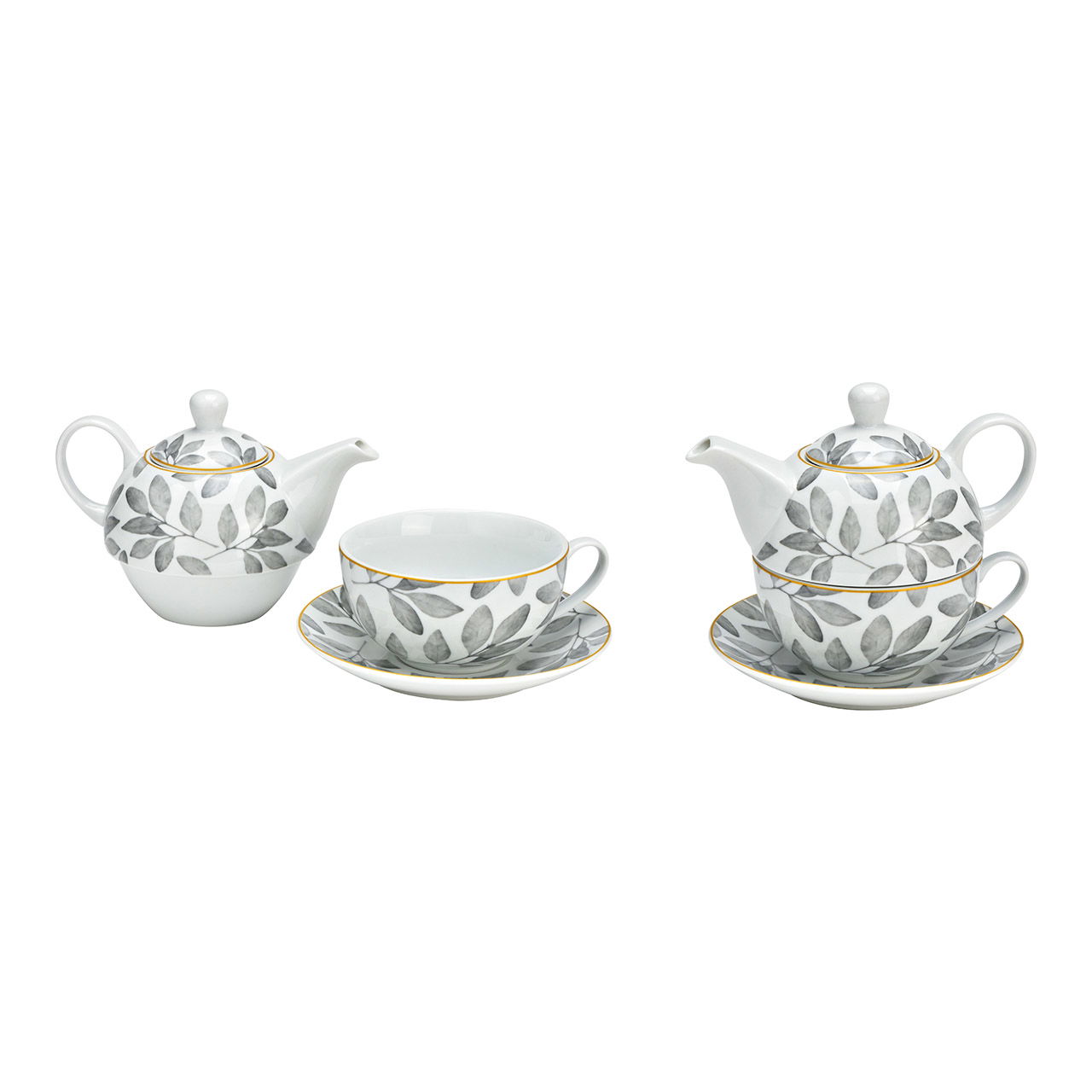 Teapot set leaf decor set of 3, made of porcelain white, gray (W/H/D) 16x15x15cm 400/200ml