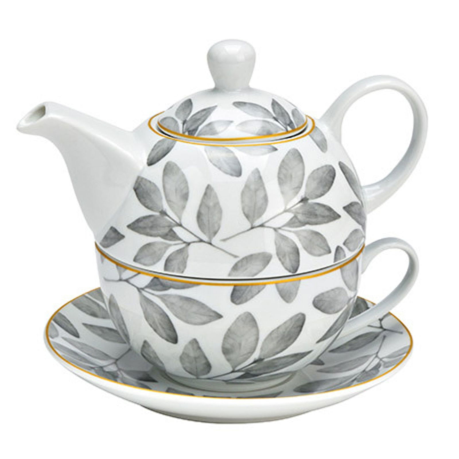 Teekannen-Set Blatt Dekor 3-er Set, aus Porzellan weiß, grau (B/H/T) 16x15x15cm 400/200ml Töpferei, Kochgeschirr, Topf, Porzellan, Teekanne