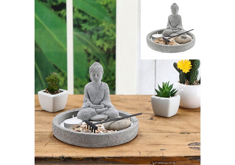 Set jardin zen avec 1 bougie chauffe-plat 7 pièces, en ciment gris (L/H/P) 18x13x18cm