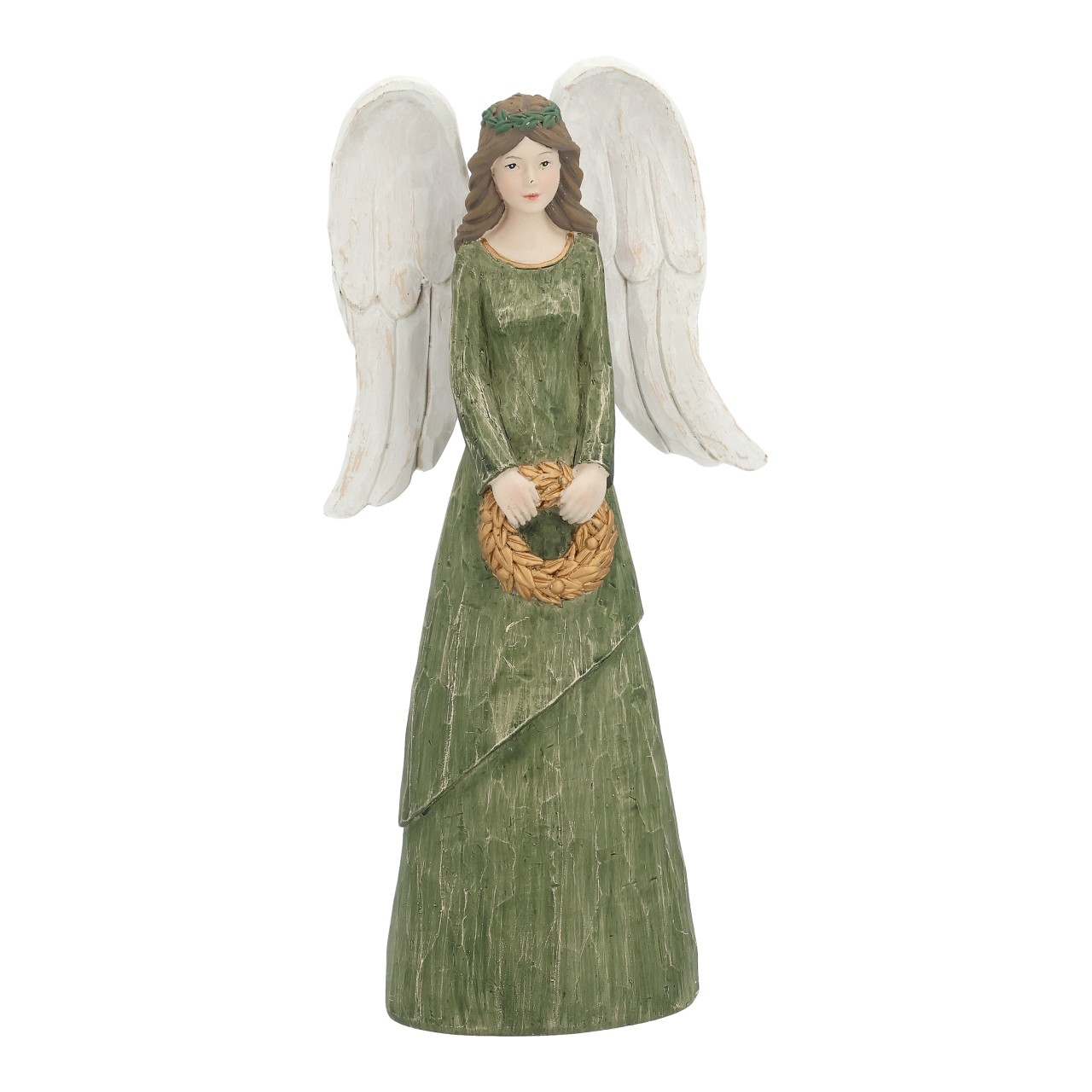 Angelo con corona di fiori in polietilene verde (L/H/D) 11x23x5cm engel, skulptur, grün, holzfigur, kranz aus laub