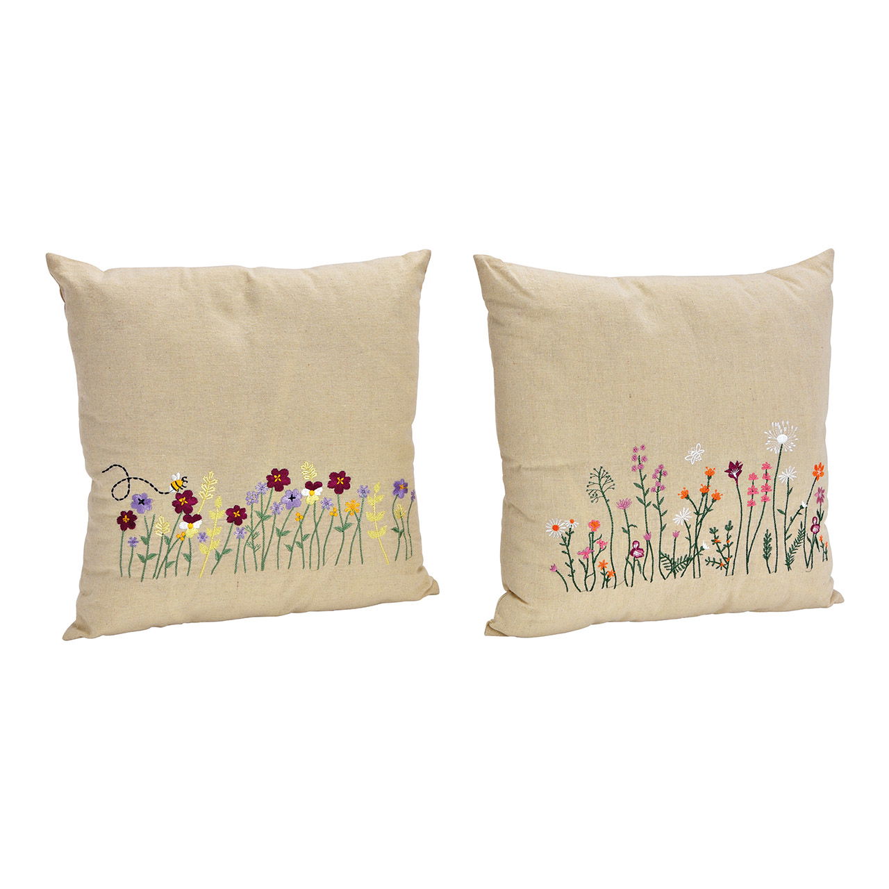 Coussin avec broderie florale en lin beige 2 fois, (L/H/P) 40x40x8cm