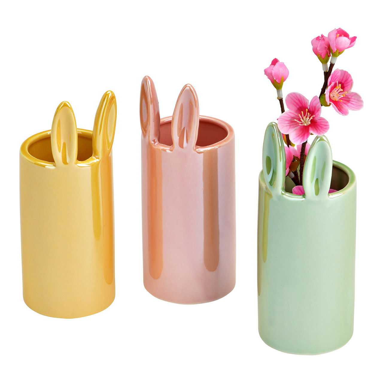 Vase Oreilles de lapin brillant en porcelaine, 3 fois, jaune/rose/vert (L/H/P) 7x17x7cm Besteck, Löffel