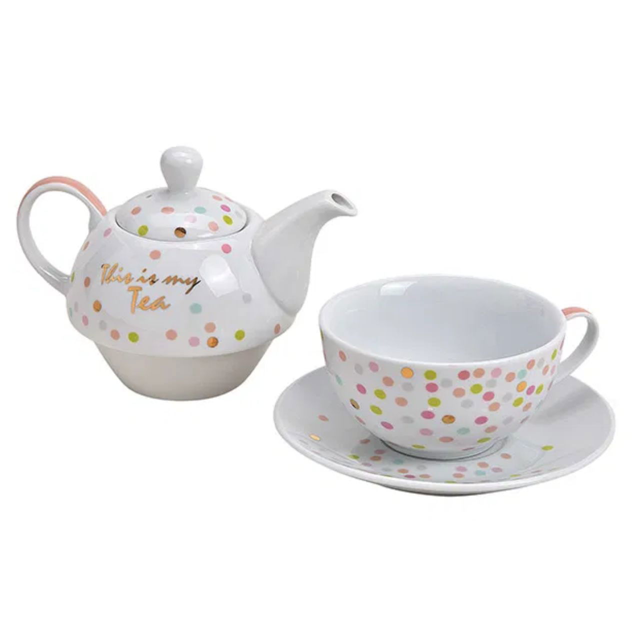 Teapot set This is my tea, dots decor, made of porcelain white set of 3, (W/H/D) 15x16x15cm 400ml, 250ml Töpferei, Kochgeschirr, Topf, Tasse, Porzellan