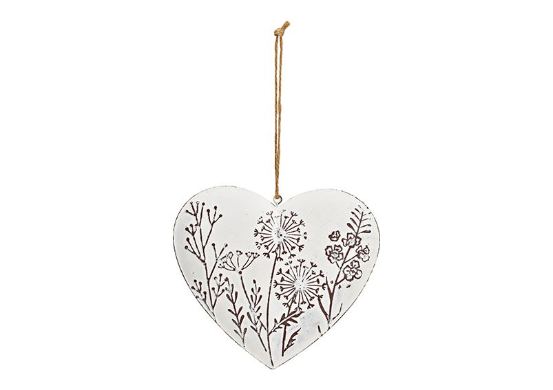 Suspension cœur décor fleurs en métal blanc (L/H/P) 15x14x2cm