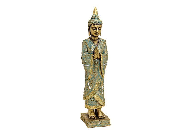 Buddha stehend auf Sockel aus Poly Gold (B/H/T) 13x55x13cm