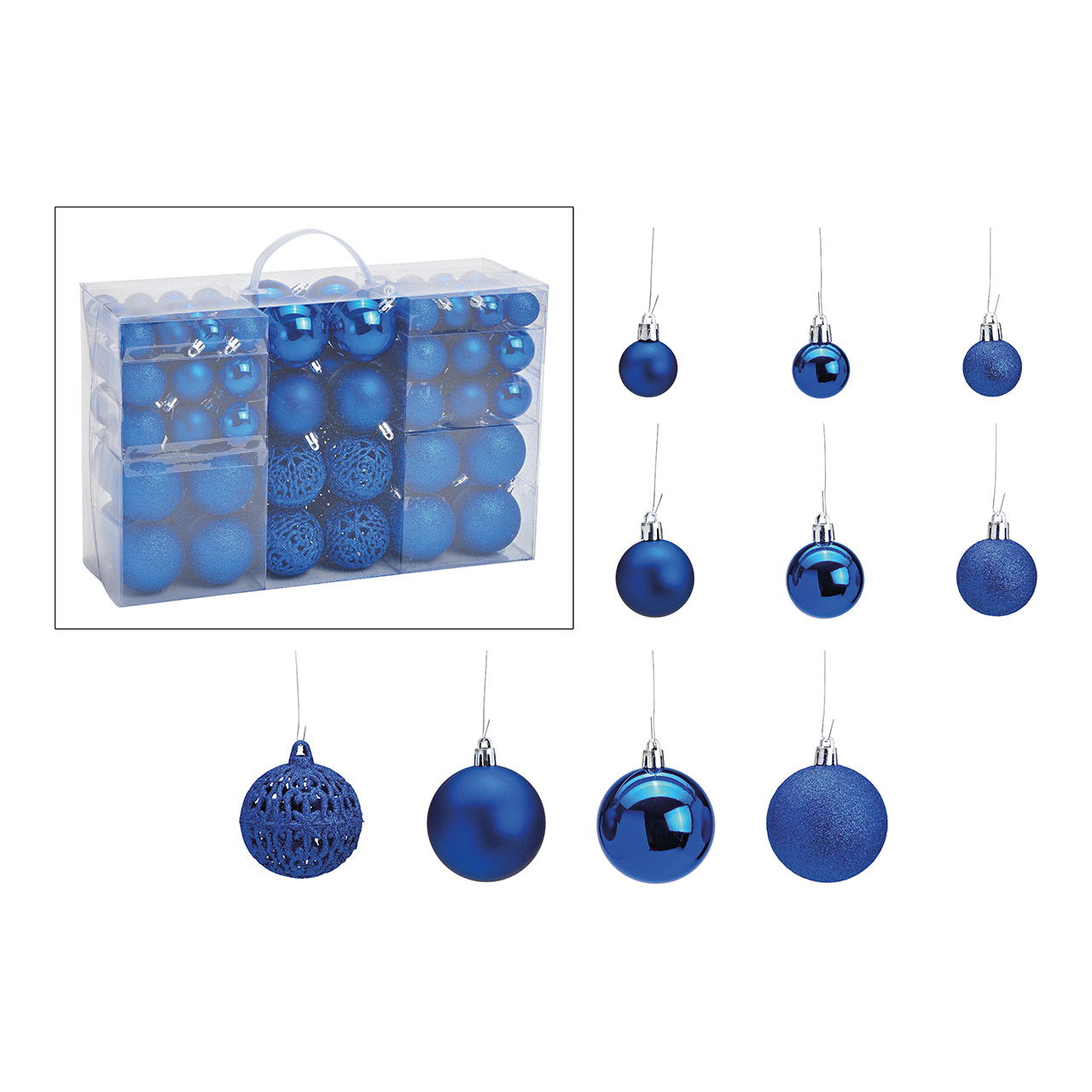 Weihnachtskugeln aus Kunststoff, 100er-Set, Blau Ø3/4/6cm (B/H/T) 35x23x12cm