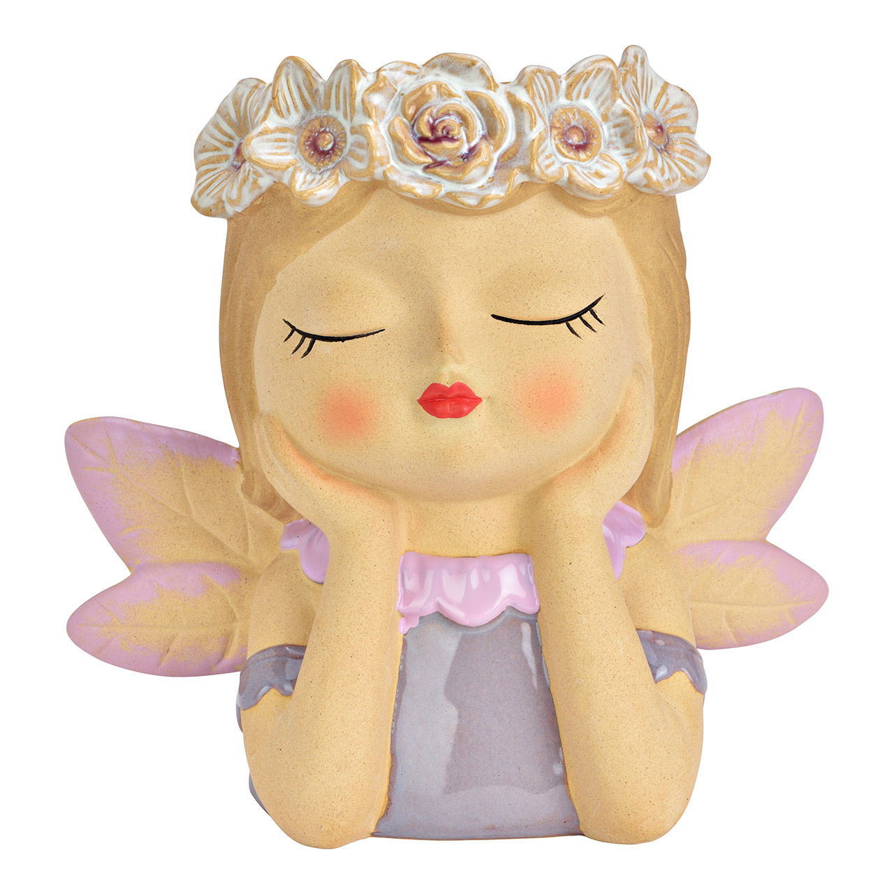 Vase Mädchen mit Flügeln aus Steingut, Beige/Lila (B/H/T) 20x19x12cm Puppe, Spielzeug, Figur, Gesicht, Person