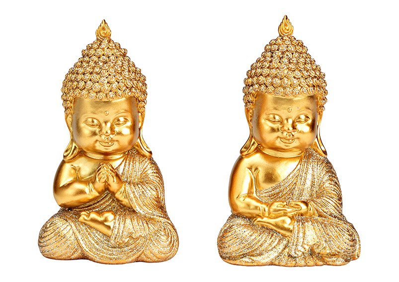 Boeddha met glitter van poly goud 2-voudig, (B/H/D) 7x11x6cm