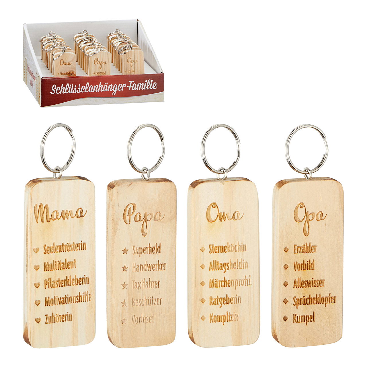 Display Schlüsselanhänger Papa/Mama/Oma/Opa aus Holz Braun 4-fach, (B/H/T) 8x4x1cm Display Schlüsselanhänger Papa/Mama/Oma/Opa aus Holz Braun 4-fach, (B/H/T) 8x4x1cm