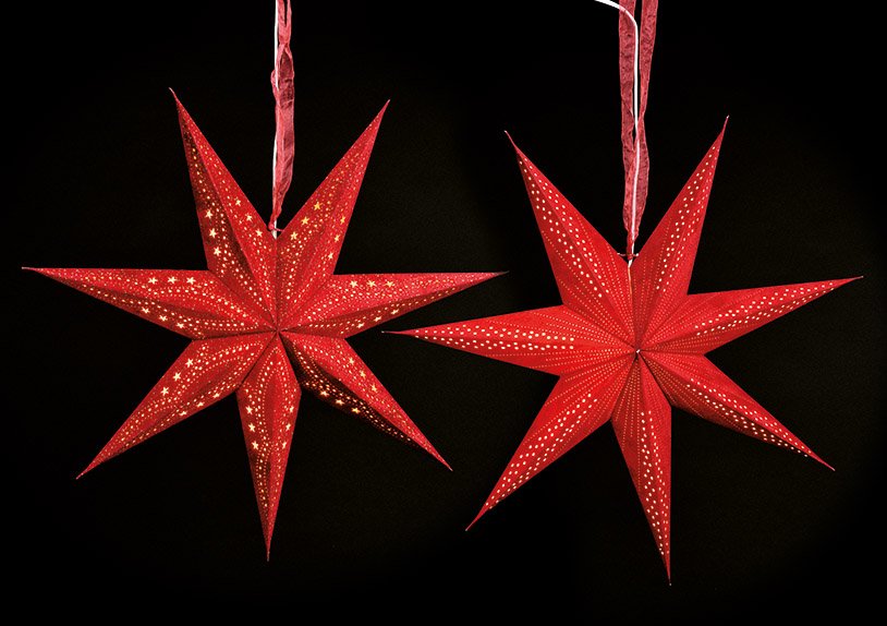 Étoile lumineuse avec 7 pointes floquées en papier/carton rouge 2 fois, 60cm
