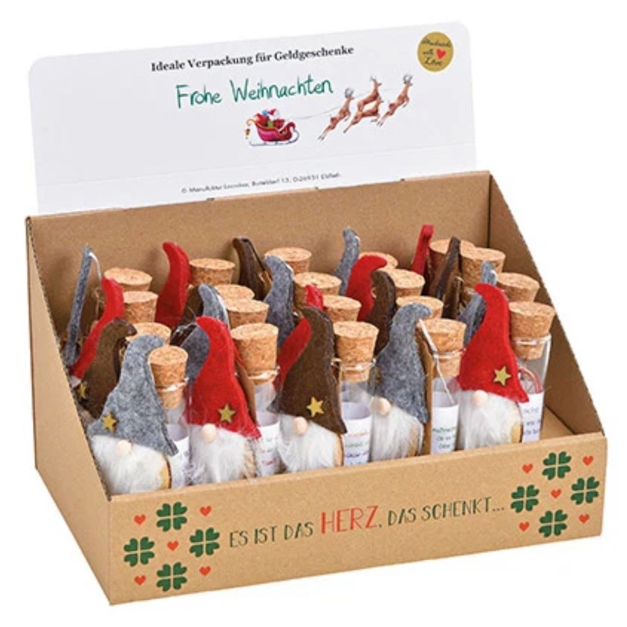 Weihnachtsgeschenk, Glasflasche, Korkverschluss, Miniaturfigur, Gnom